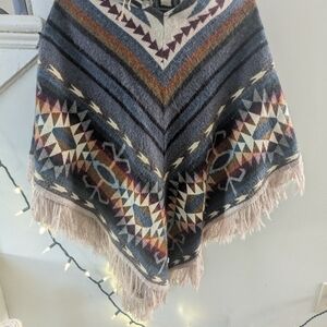 Geometric Patterned Poncho with Fringe